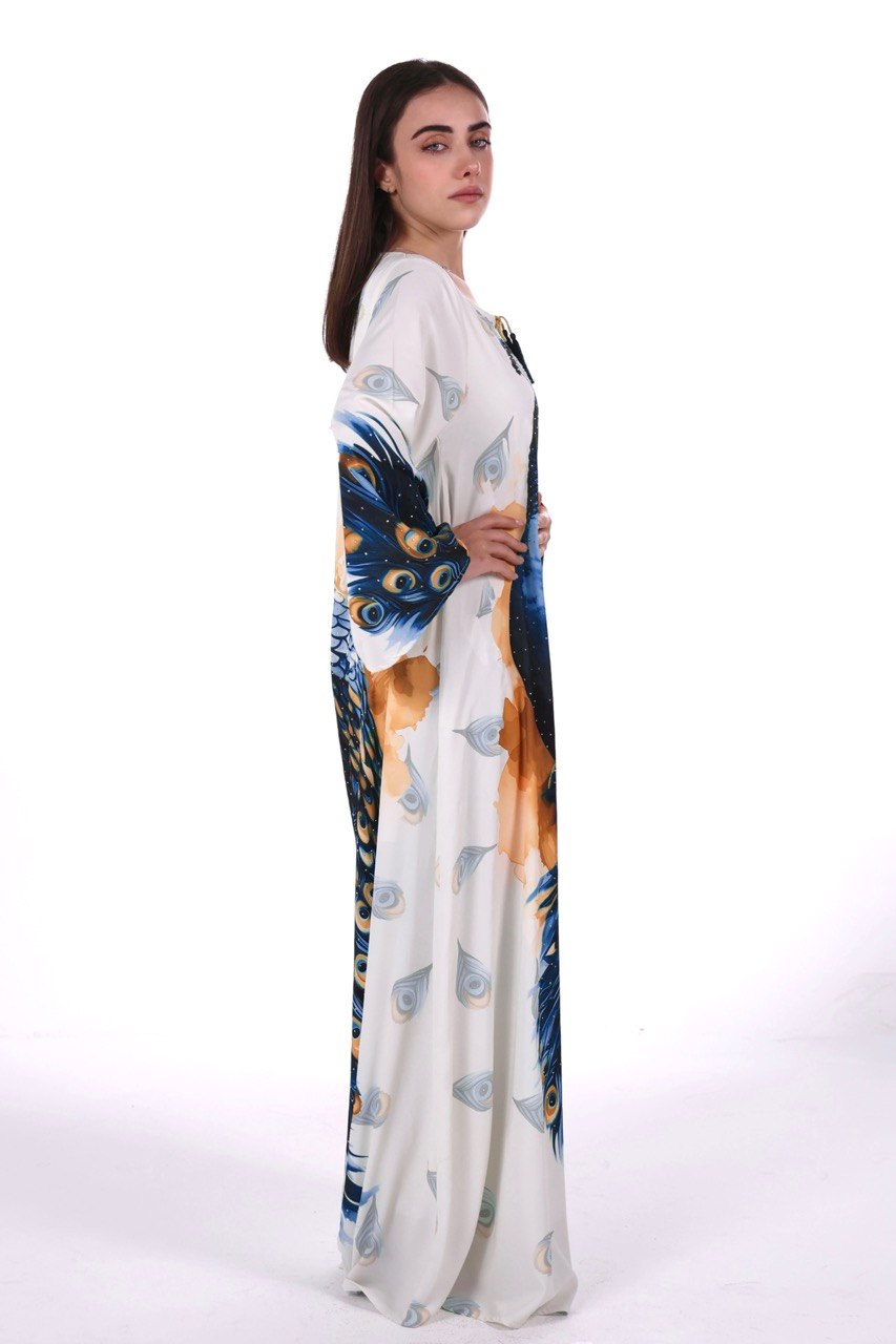 Peacock Print Chiffon Jalabiya – Soft Elegance with an Artistic Touch