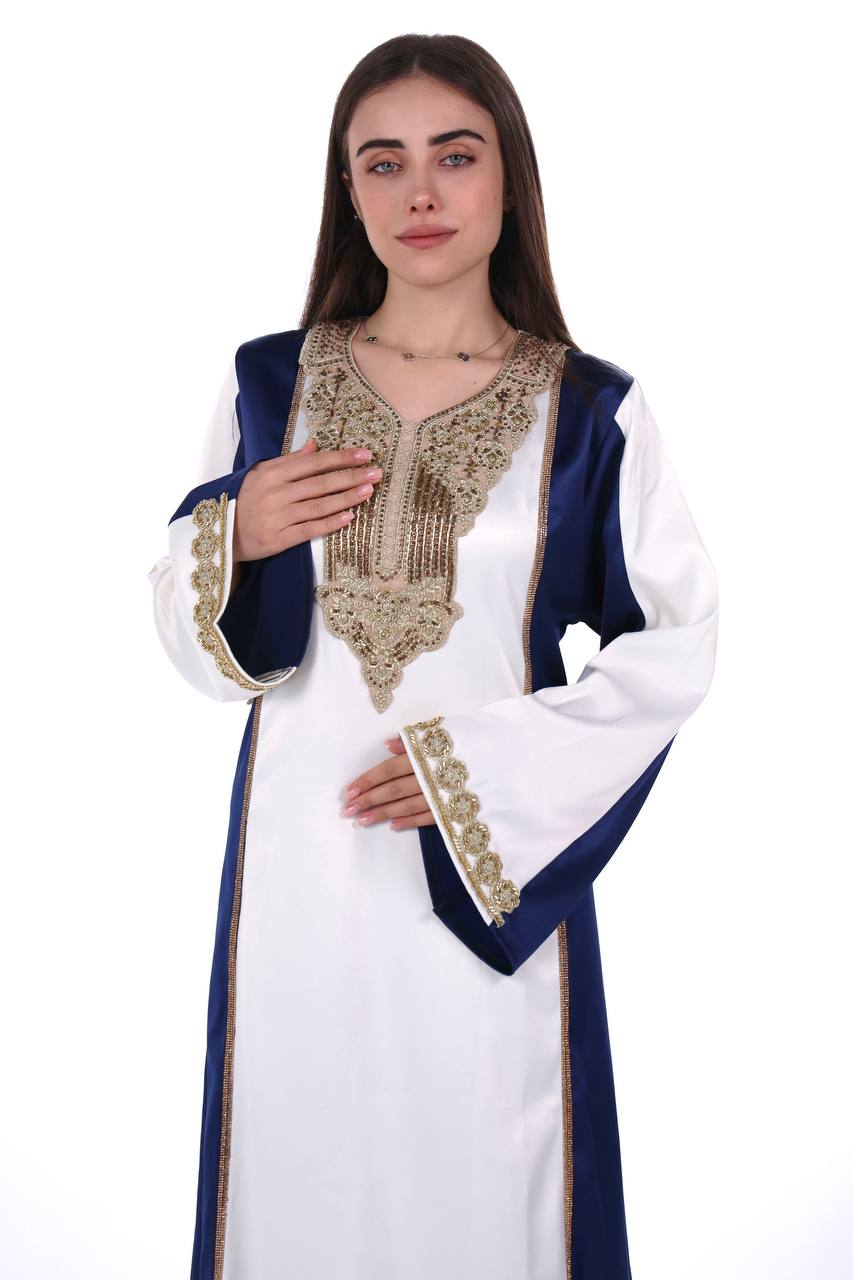 Two-Tone Satin Jalabiya with Hand-Embroidered Detailing