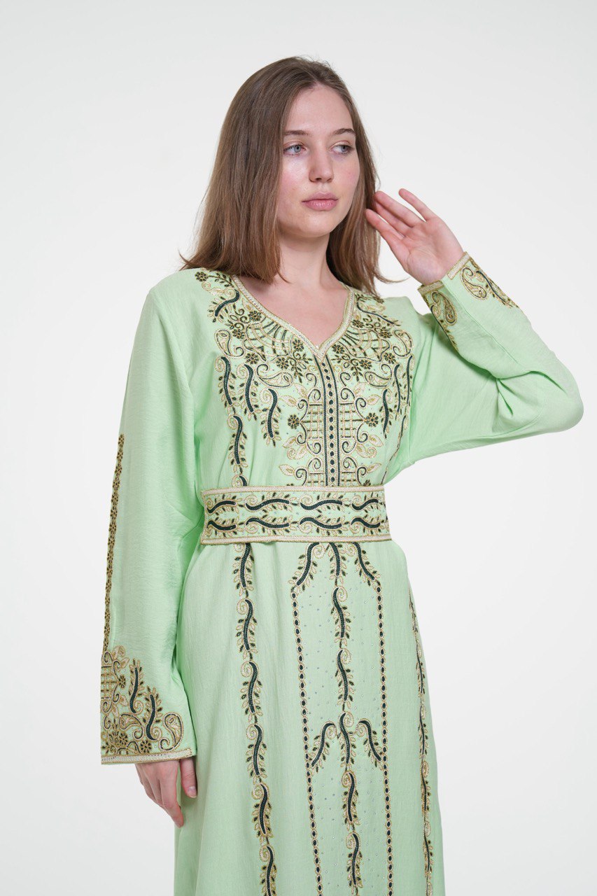 Embroidered Cotton Jalabiya with Belt and Strass