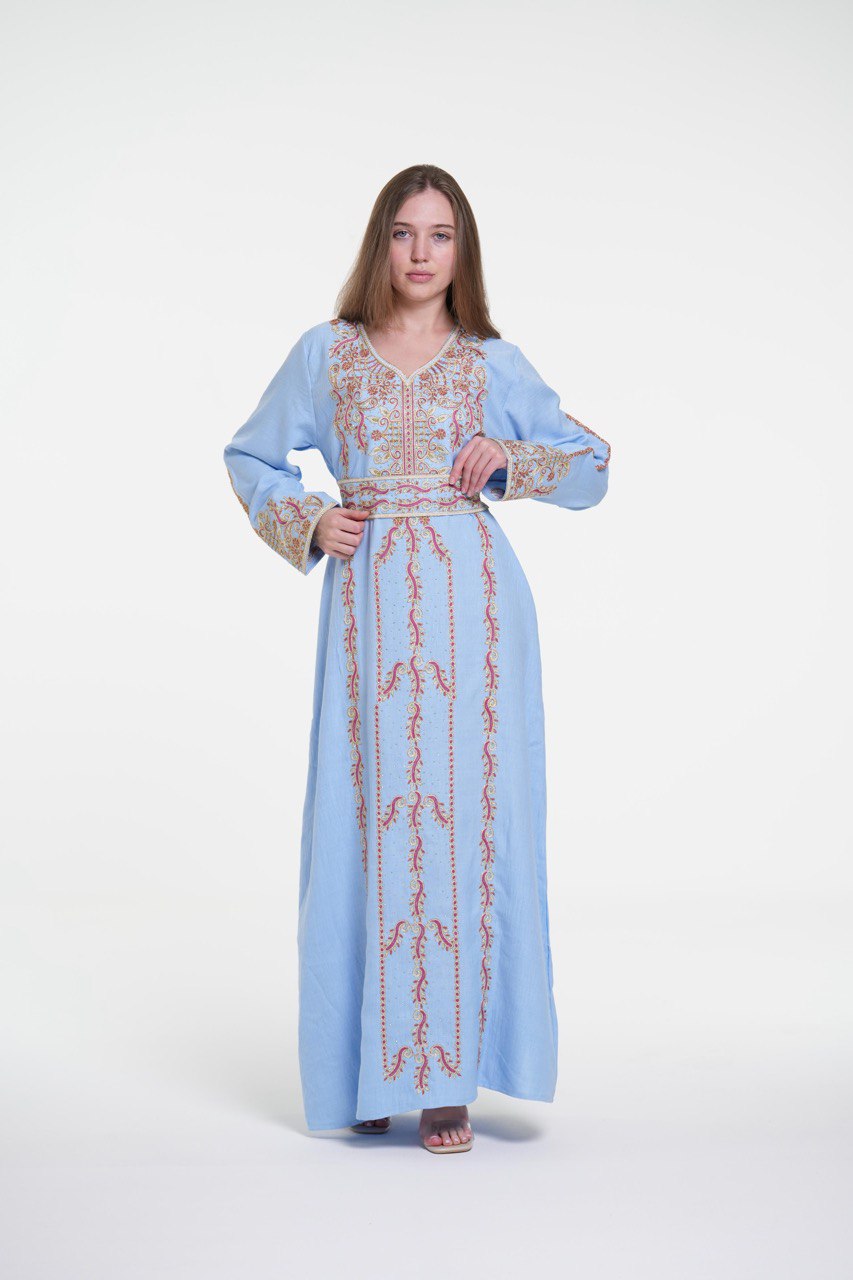 Embroidered Cotton Jalabiya with Belt and Strass