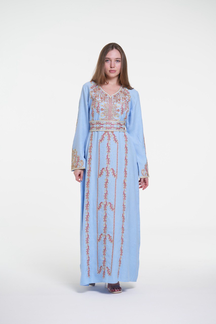 Embroidered Cotton Jalabiya with Belt and Strass