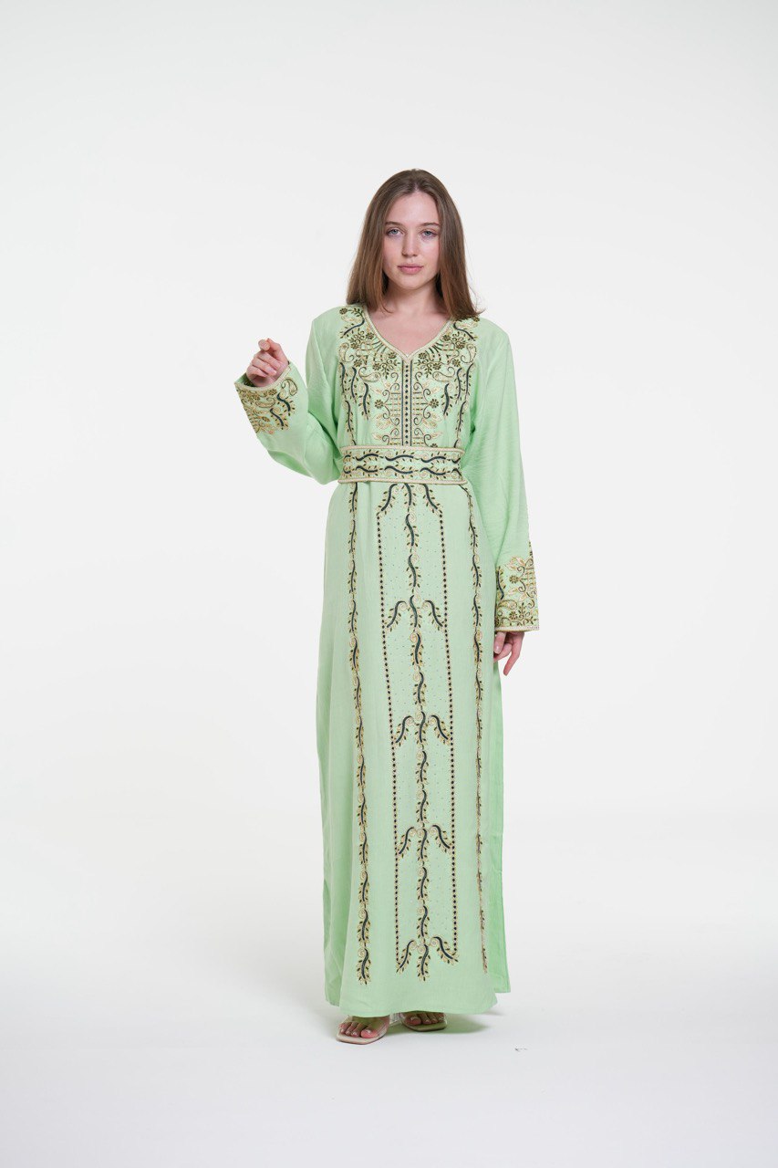 Embroidered Cotton Jalabiya with Belt and Strass
