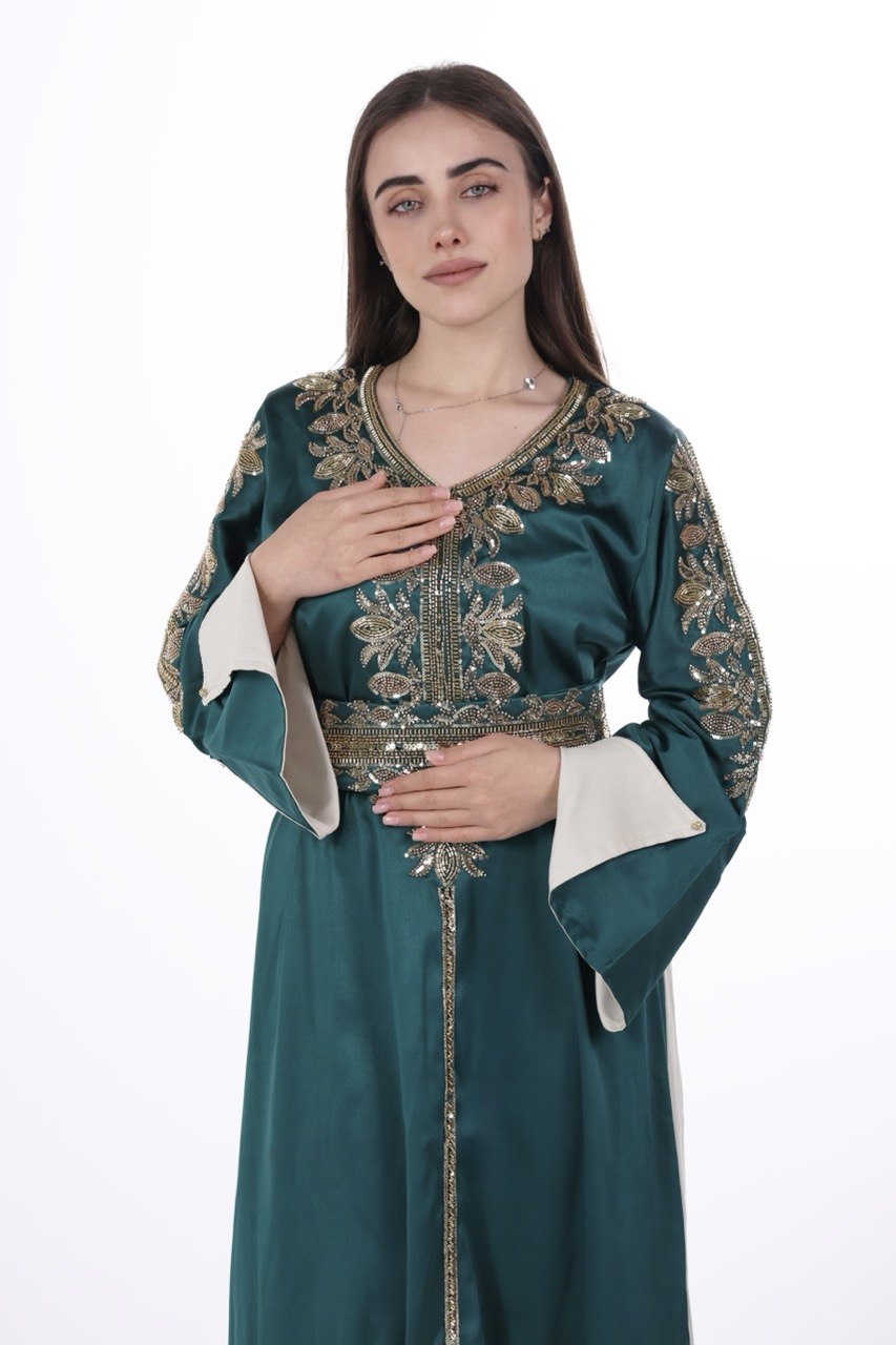 Hand-worked Satin Jalabiya with Contrast Details and Belt