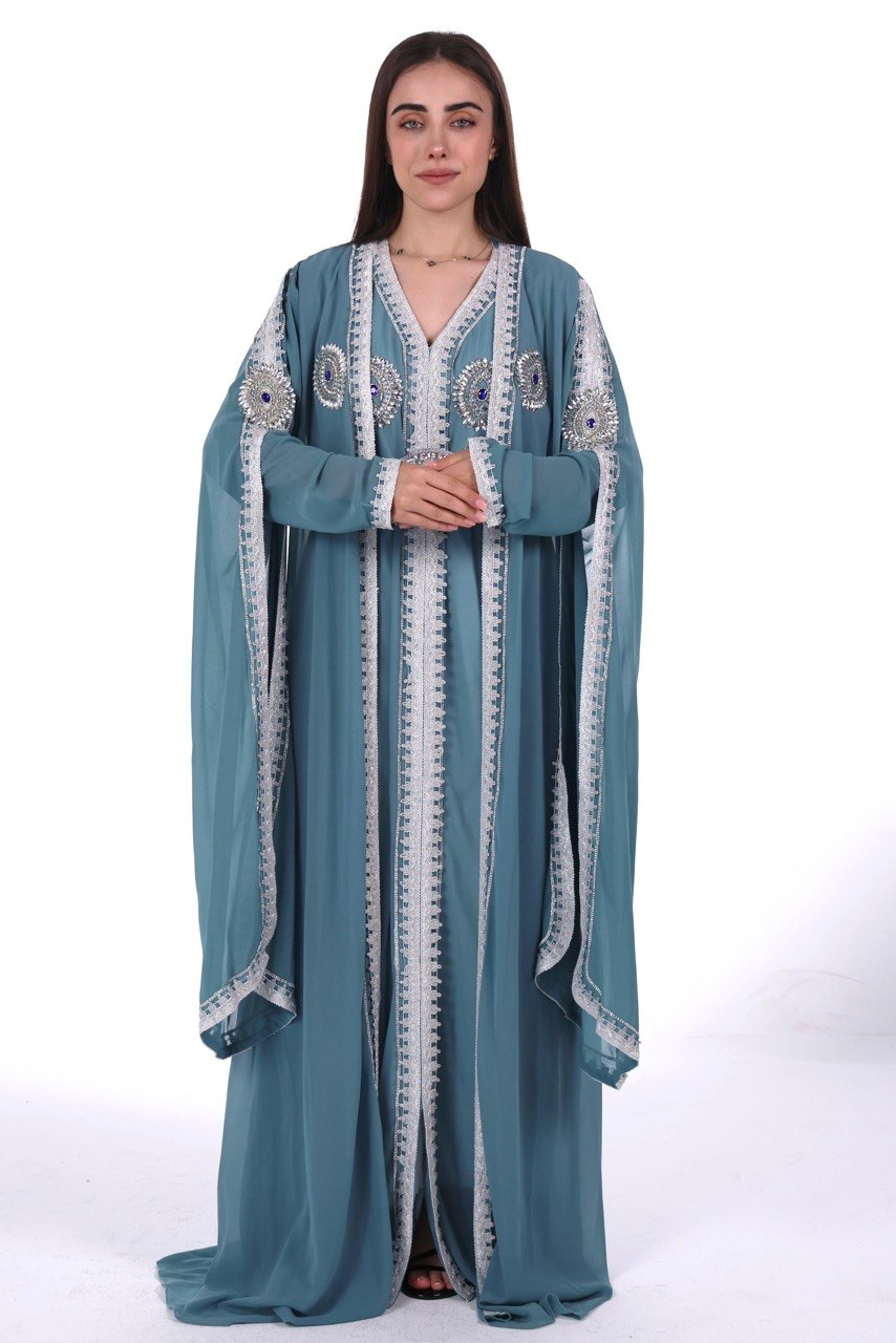 Crystal Embroidered Jalabiya with Long Sleeves and Belt