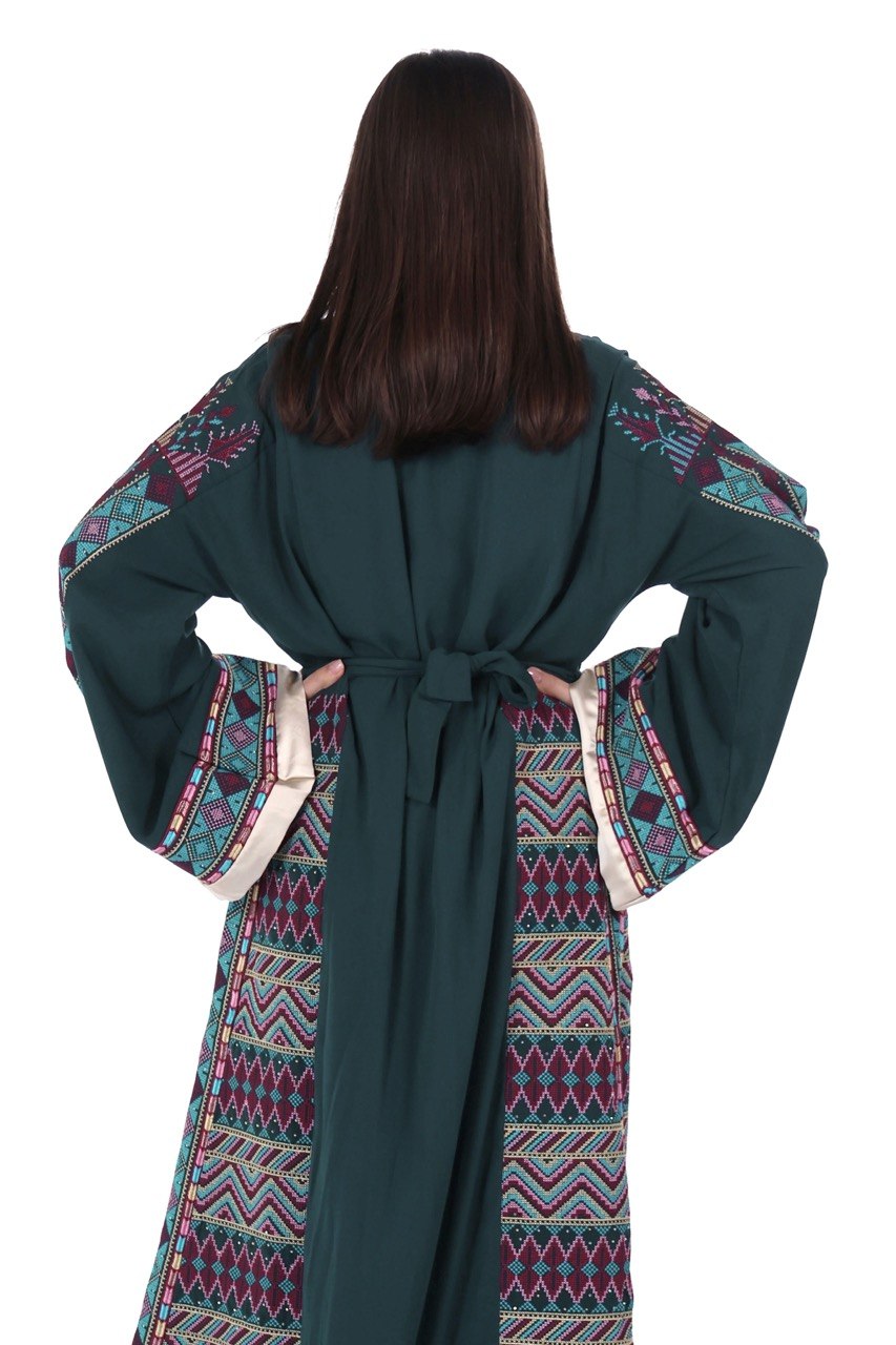 Embroidered Palestinian Linen Thobe with Satin Details