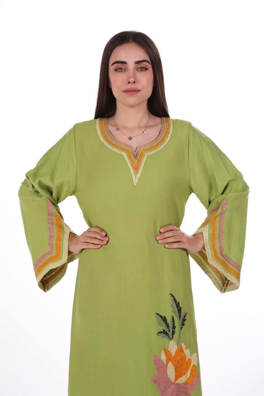 Linen Jalabiya with Artistic Floral Embroidery