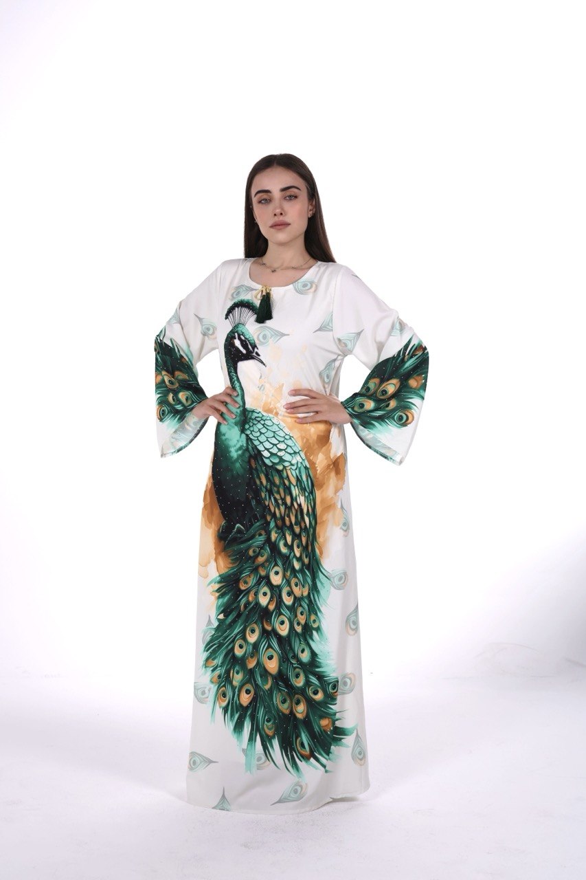 Peacock Print Chiffon Jalabiya – Soft Elegance with an Artistic Touch