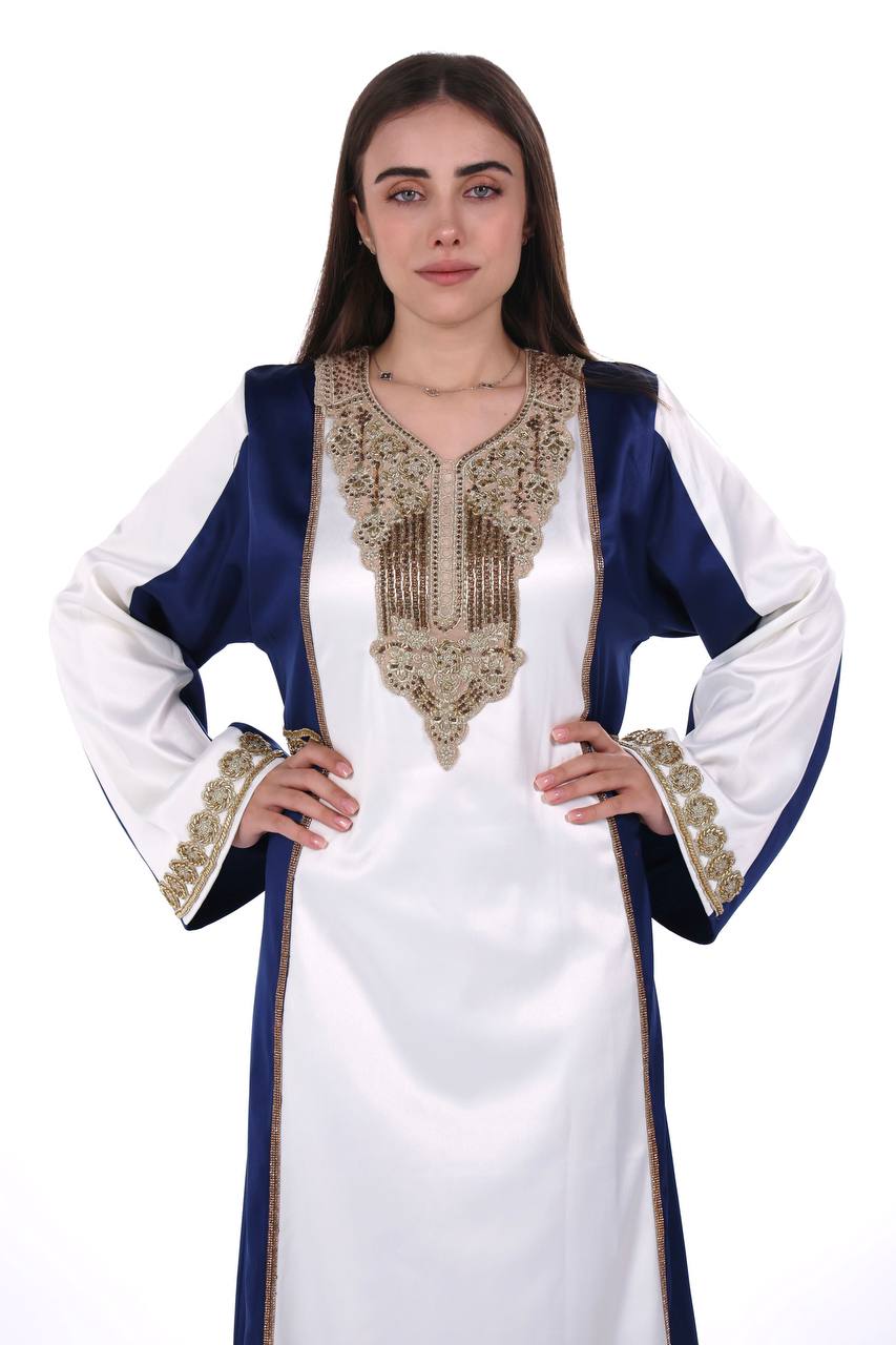 Two-Tone Satin Jalabiya with Hand-Embroidered Detailing
