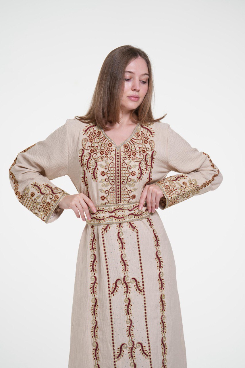 Embroidered Cotton Jalabiya with Belt and Strass