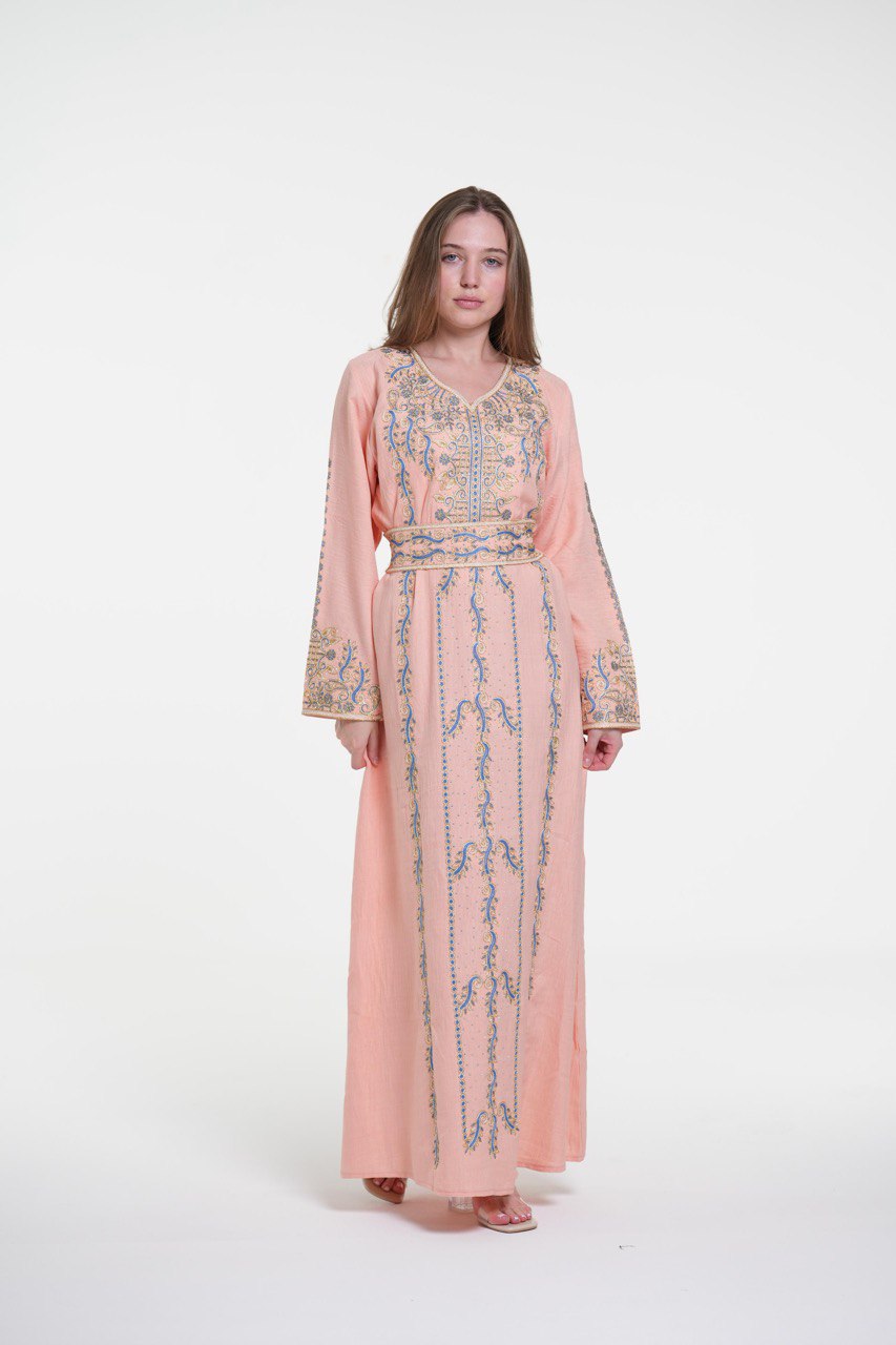 Embroidered Cotton Jalabiya with Belt and Strass