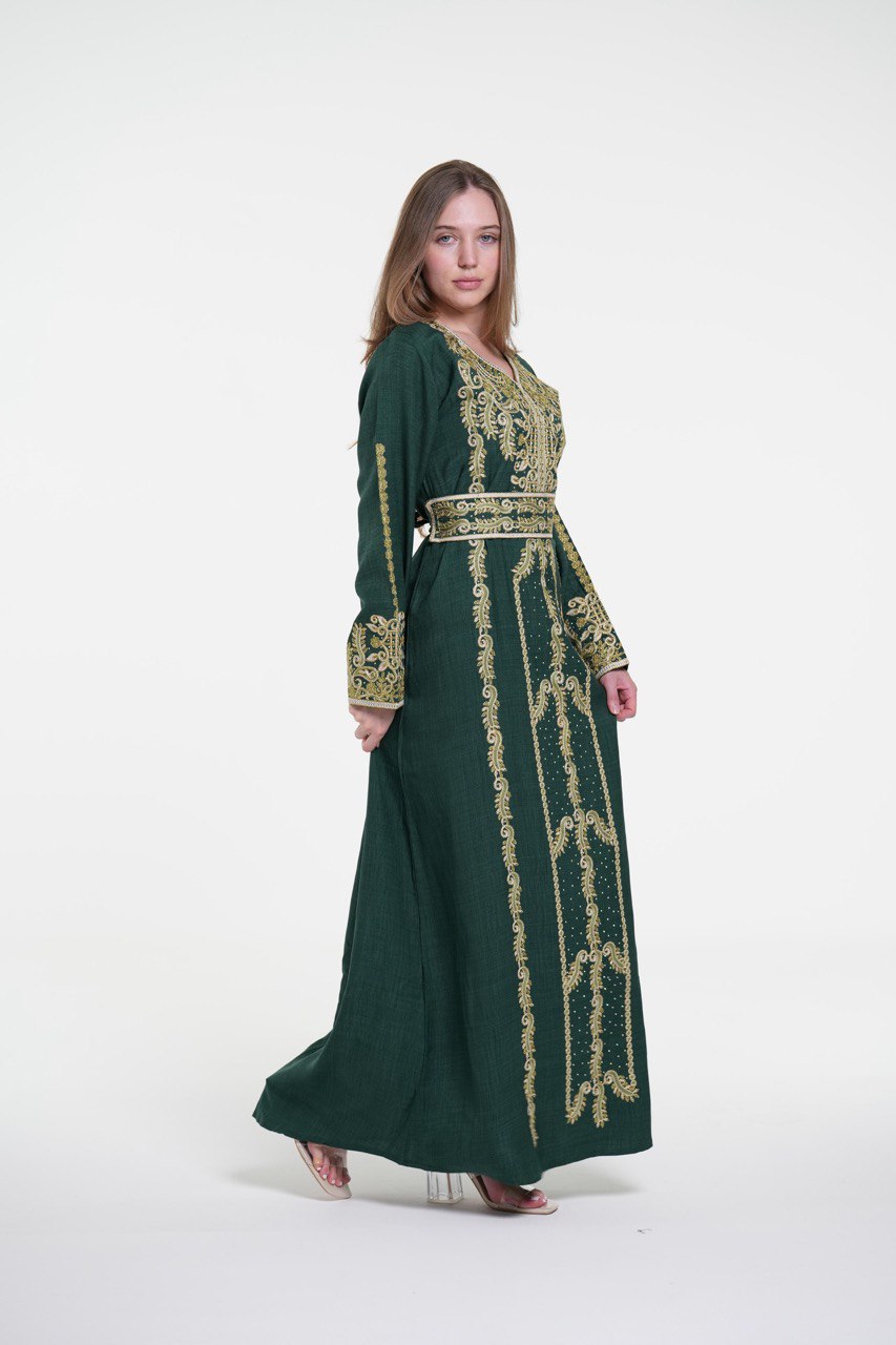 Embroidered Cotton Jalabiya with Belt and Strass