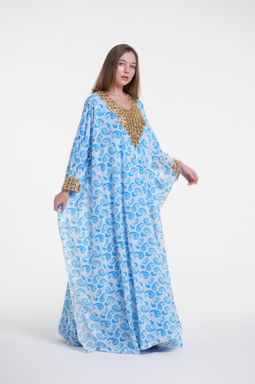 Printed Elegant Kaftan with Golden Embroidery