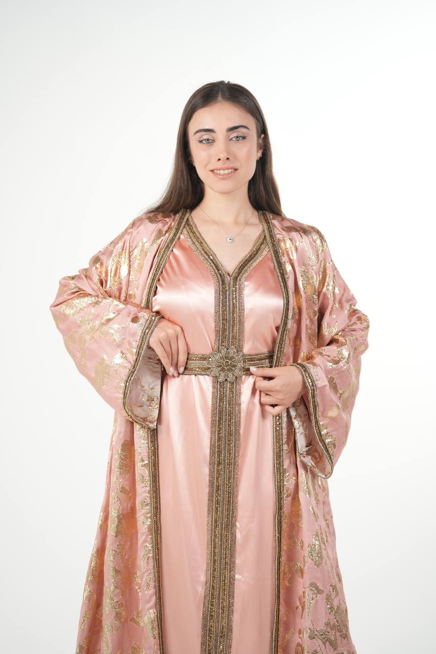 Elegant Satin Kaftan with Embellished Details and Belt