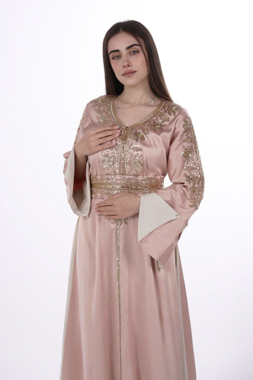 Hand-worked Satin Jalabiya with Contrast Details and Belt