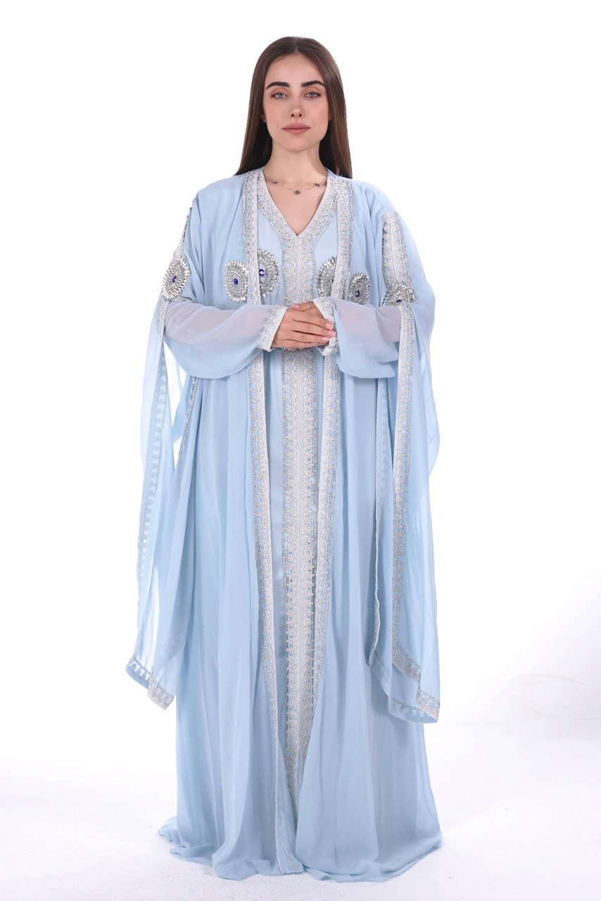 Crystal Embroidered Jalabiya with Long Sleeves and Belt