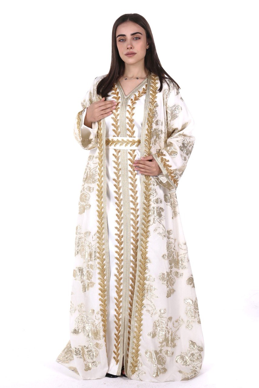 Hand-worked Brocade Satin Kaftan with Belt