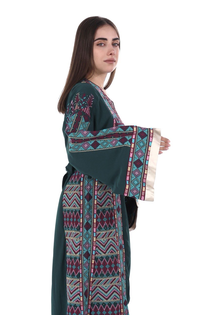 Embroidered Palestinian Linen Thobe with Satin Details
