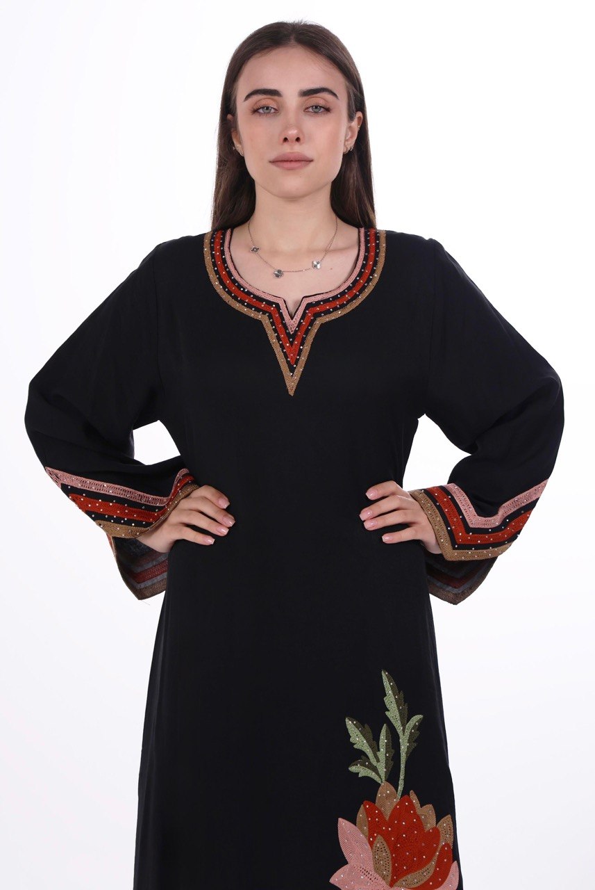 Linen Jalabiya with Artistic Floral Embroidery