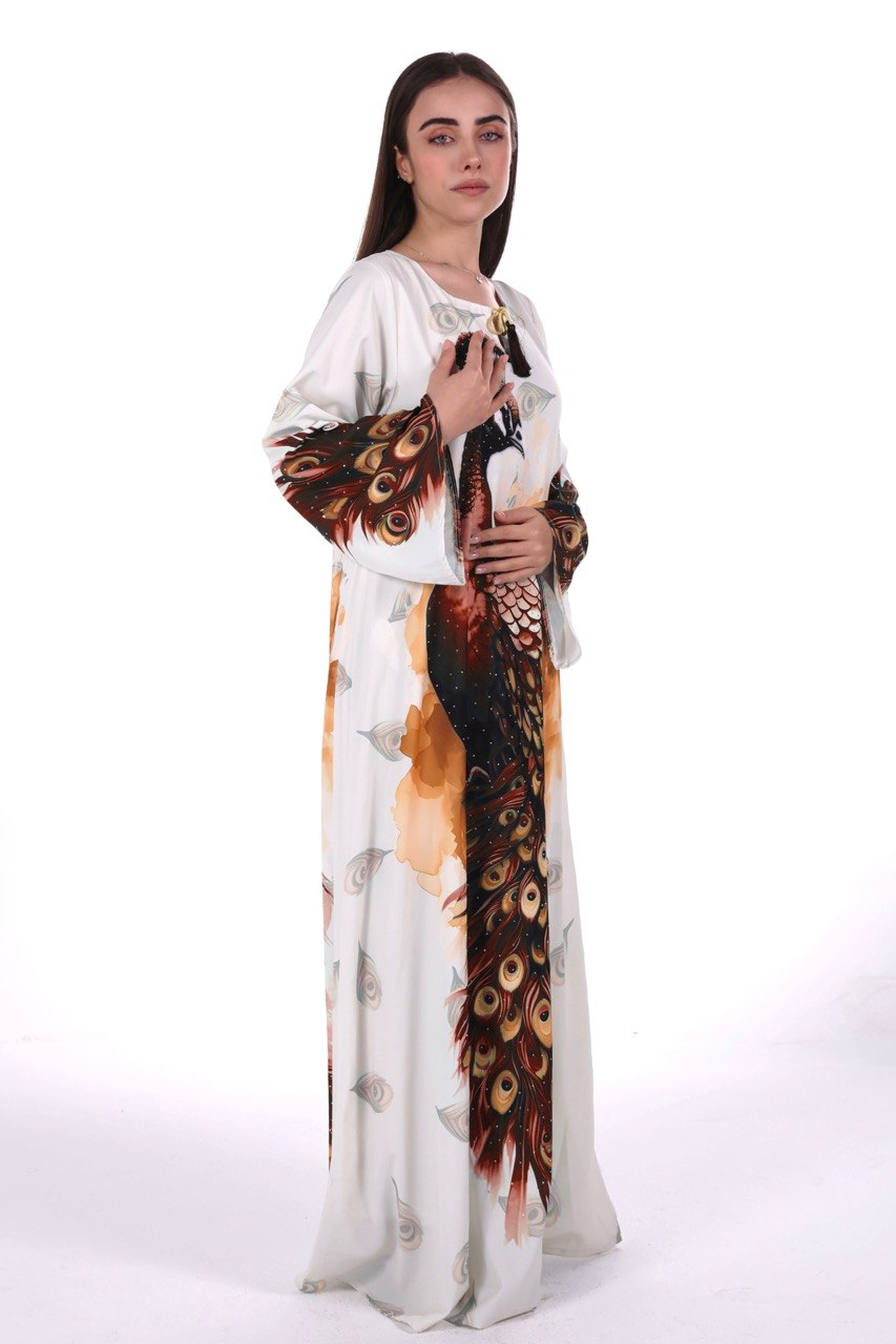 Peacock Print Chiffon Jalabiya – Soft Elegance with an Artistic Touch