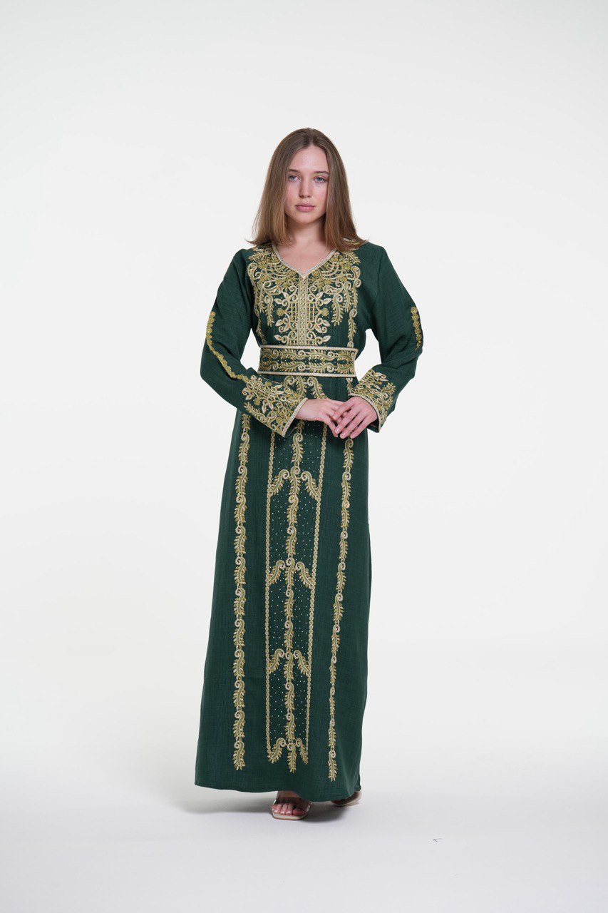 Embroidered Cotton Jalabiya with Belt and Strass