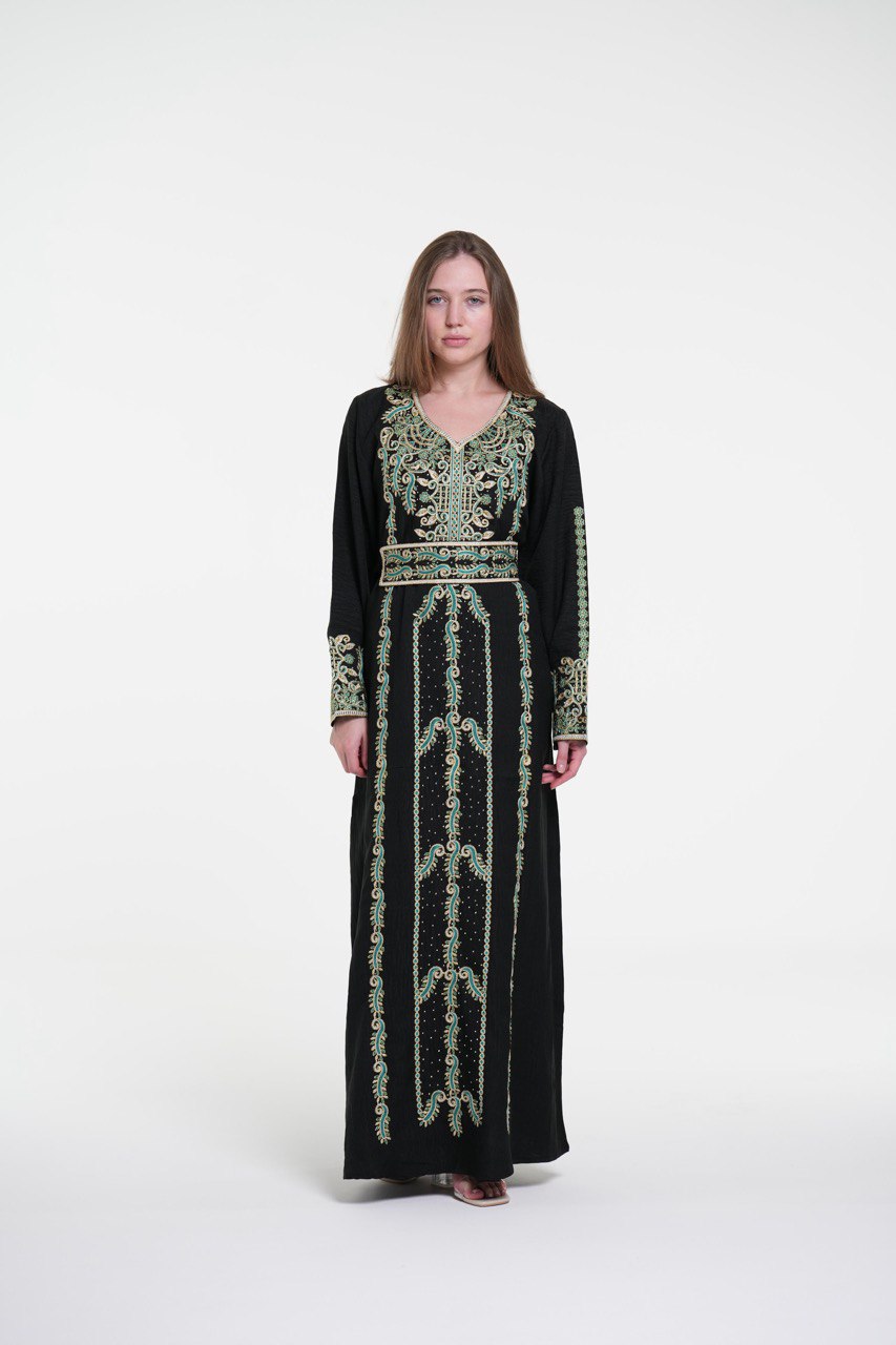 Embroidered Cotton Jalabiya with Belt and Strass