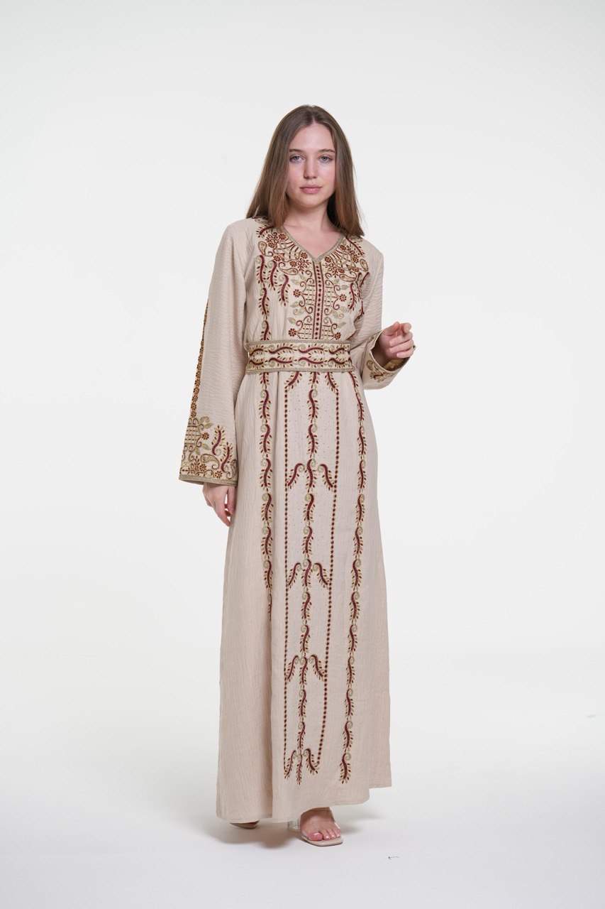 Embroidered Cotton Jalabiya with Belt and Strass