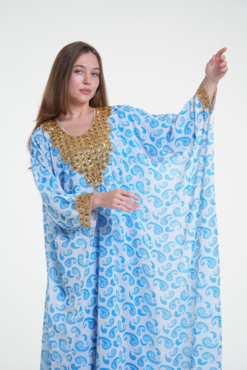 Printed Elegant Kaftan with Golden Embroidery
