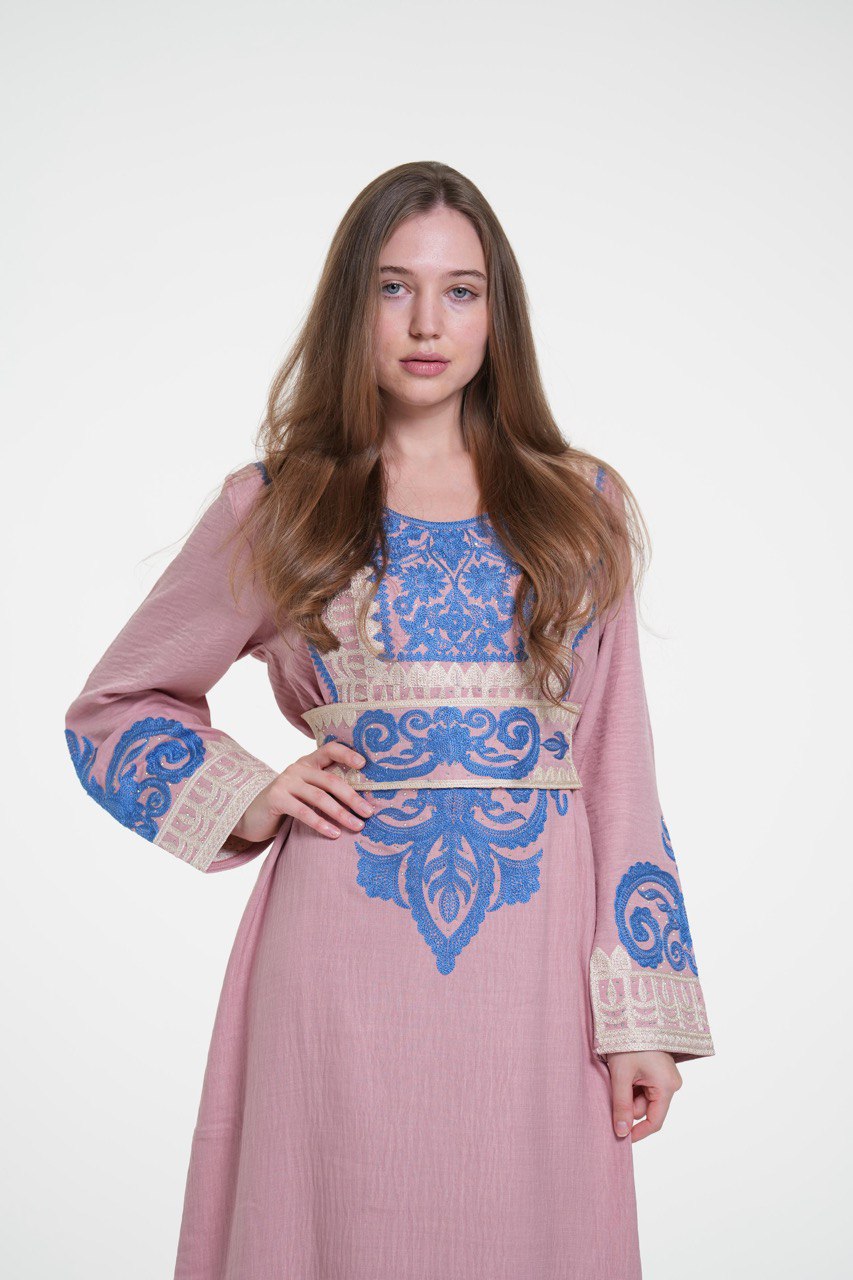 Embroidered Cotton Linen Jalabiya with Belt and Strass