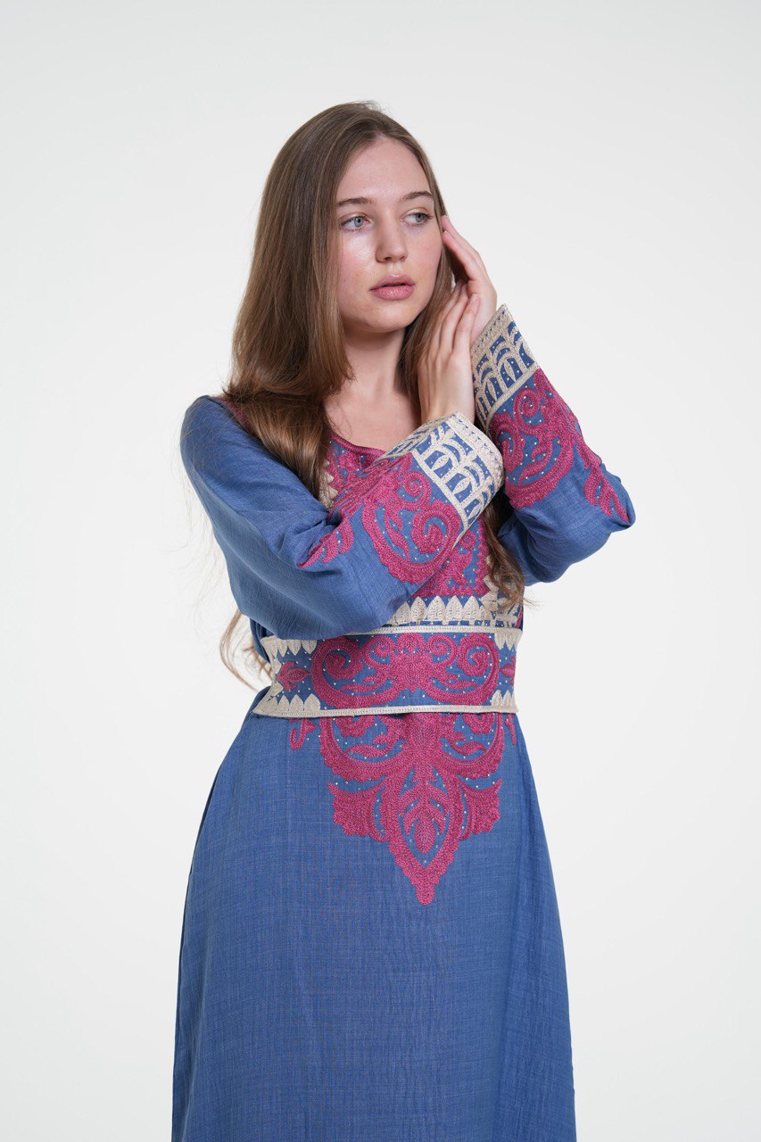 Embroidered Cotton Linen Jalabiya with Belt and Strass