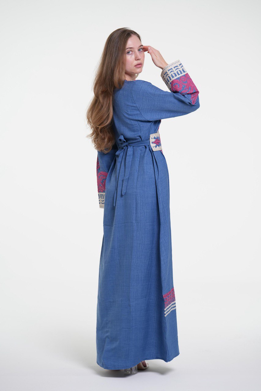 Embroidered Cotton Linen Jalabiya with Belt and Strass