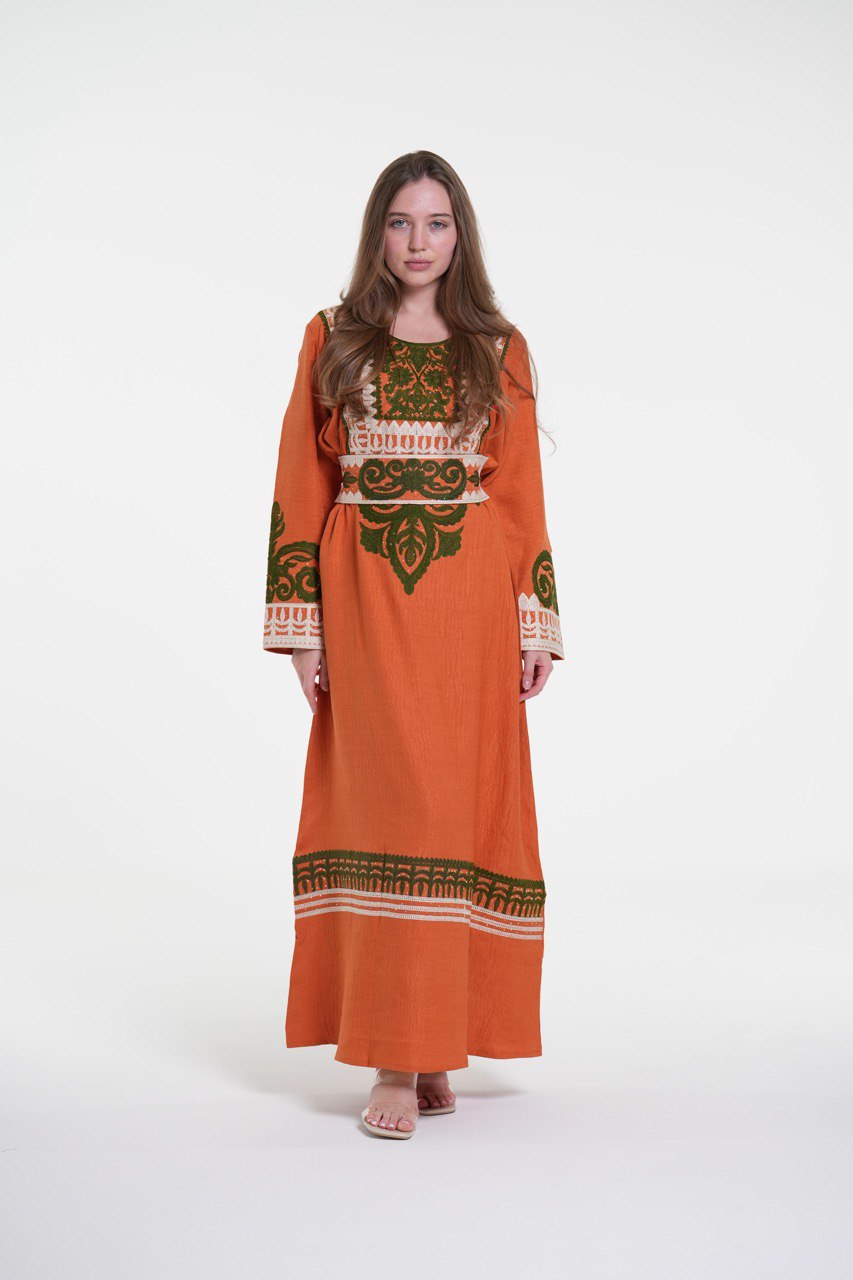 Embroidered Cotton Linen Jalabiya with Belt and Strass