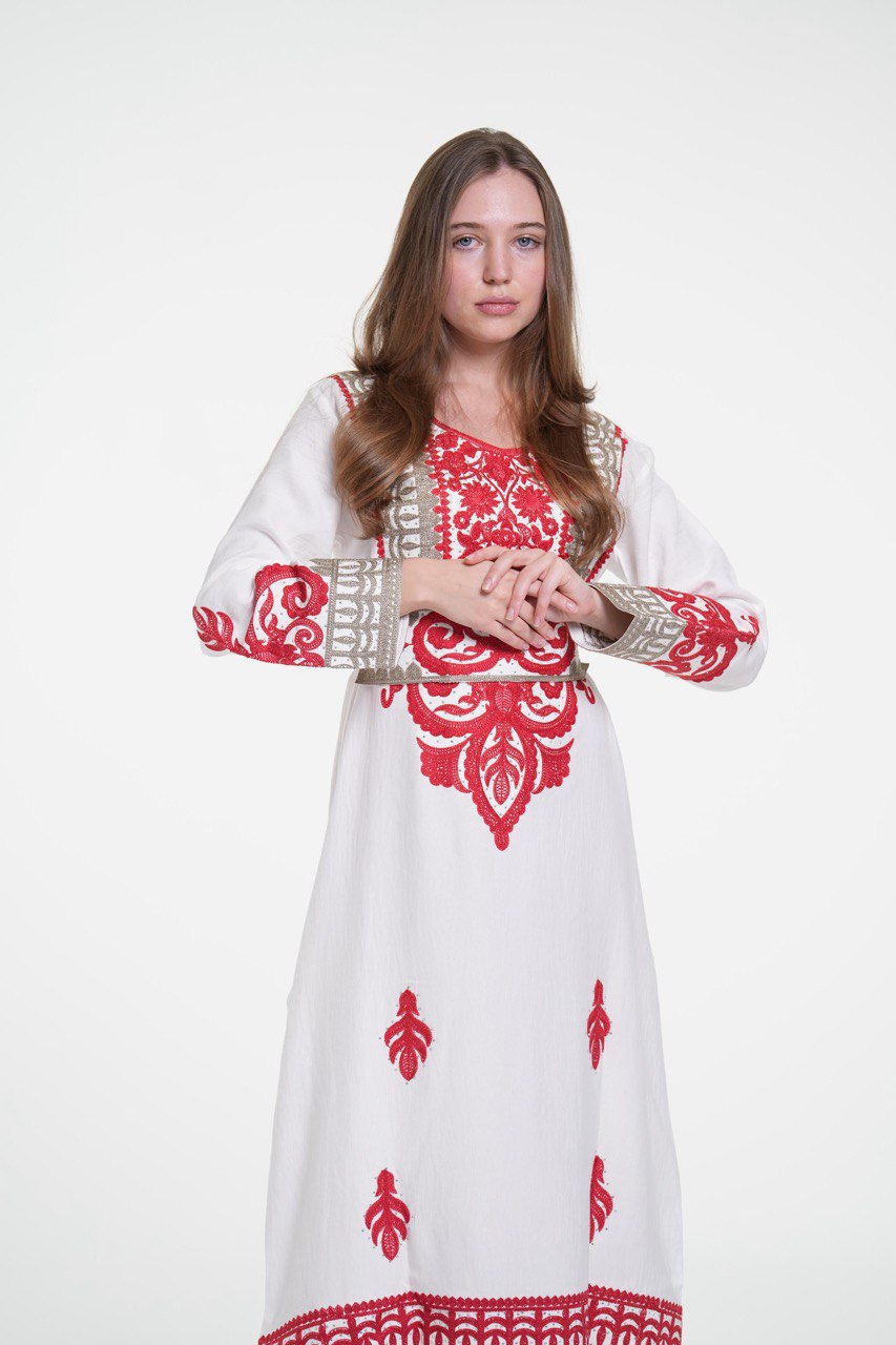 Embroidered Cotton Linen Jalabiya with Belt and Strass