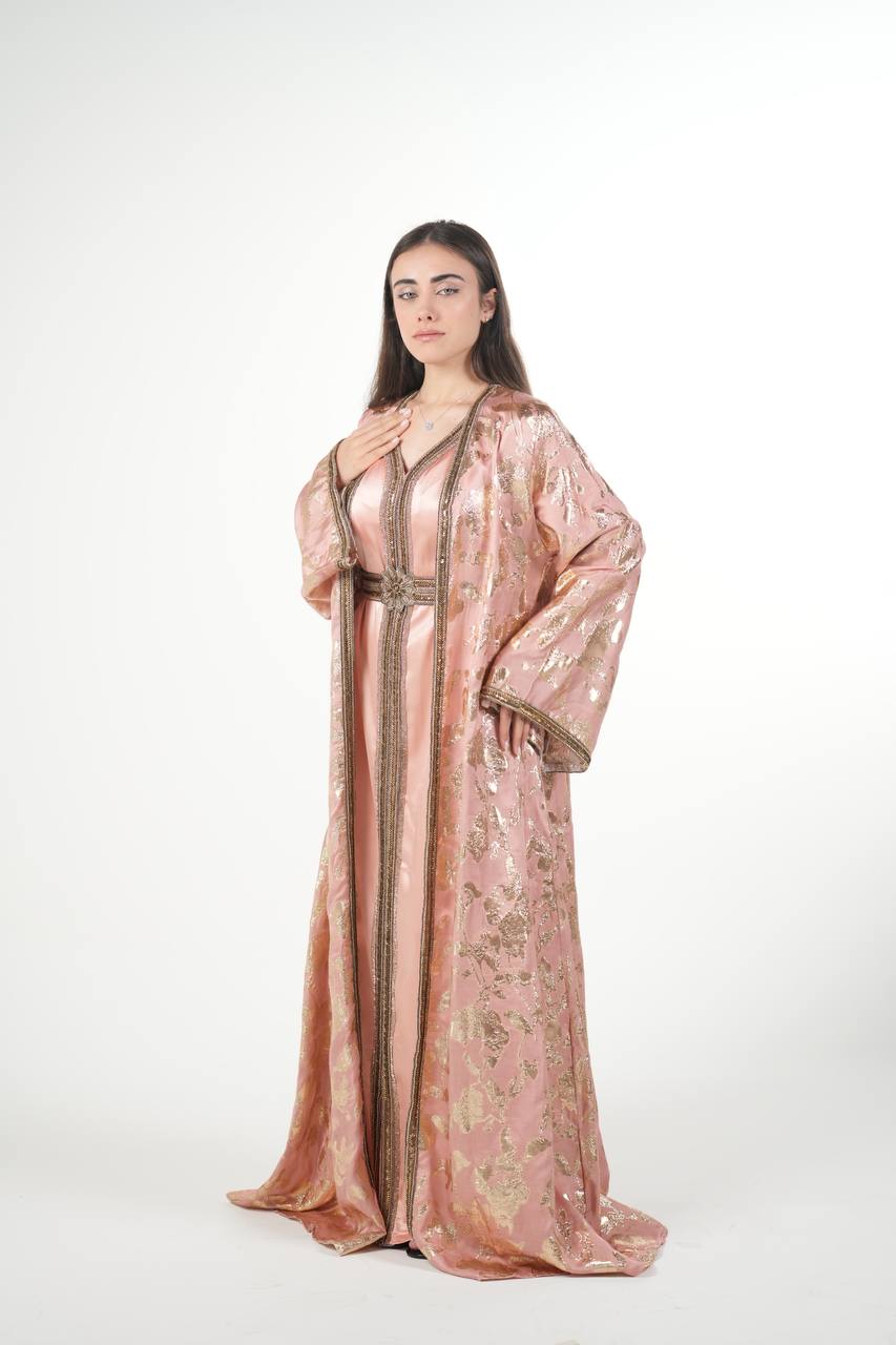 Elegant Satin Kaftan with Embellished Details and Belt