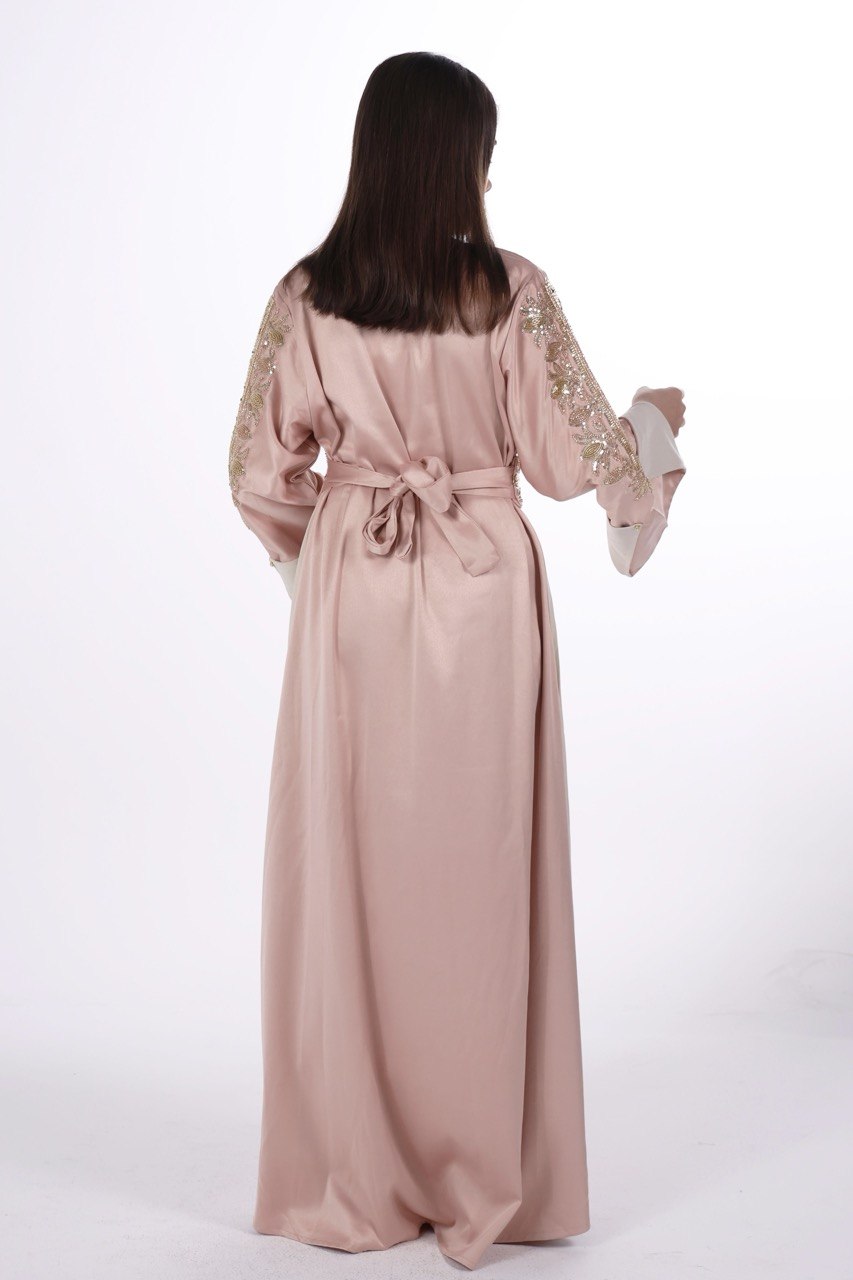 Hand-worked Satin Jalabiya with Contrast Details and Belt