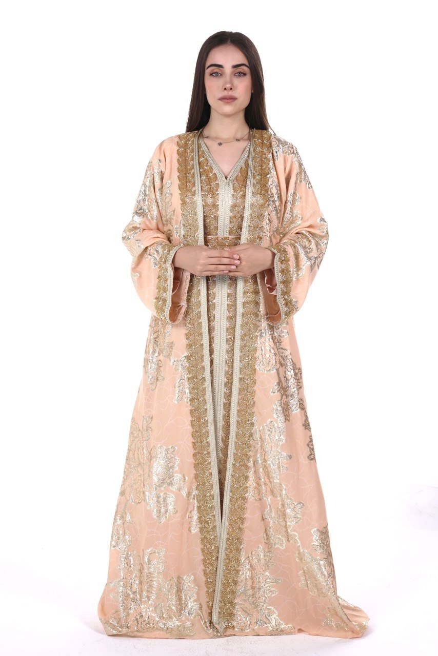 Hand-worked Brocade Satin Kaftan with Belt