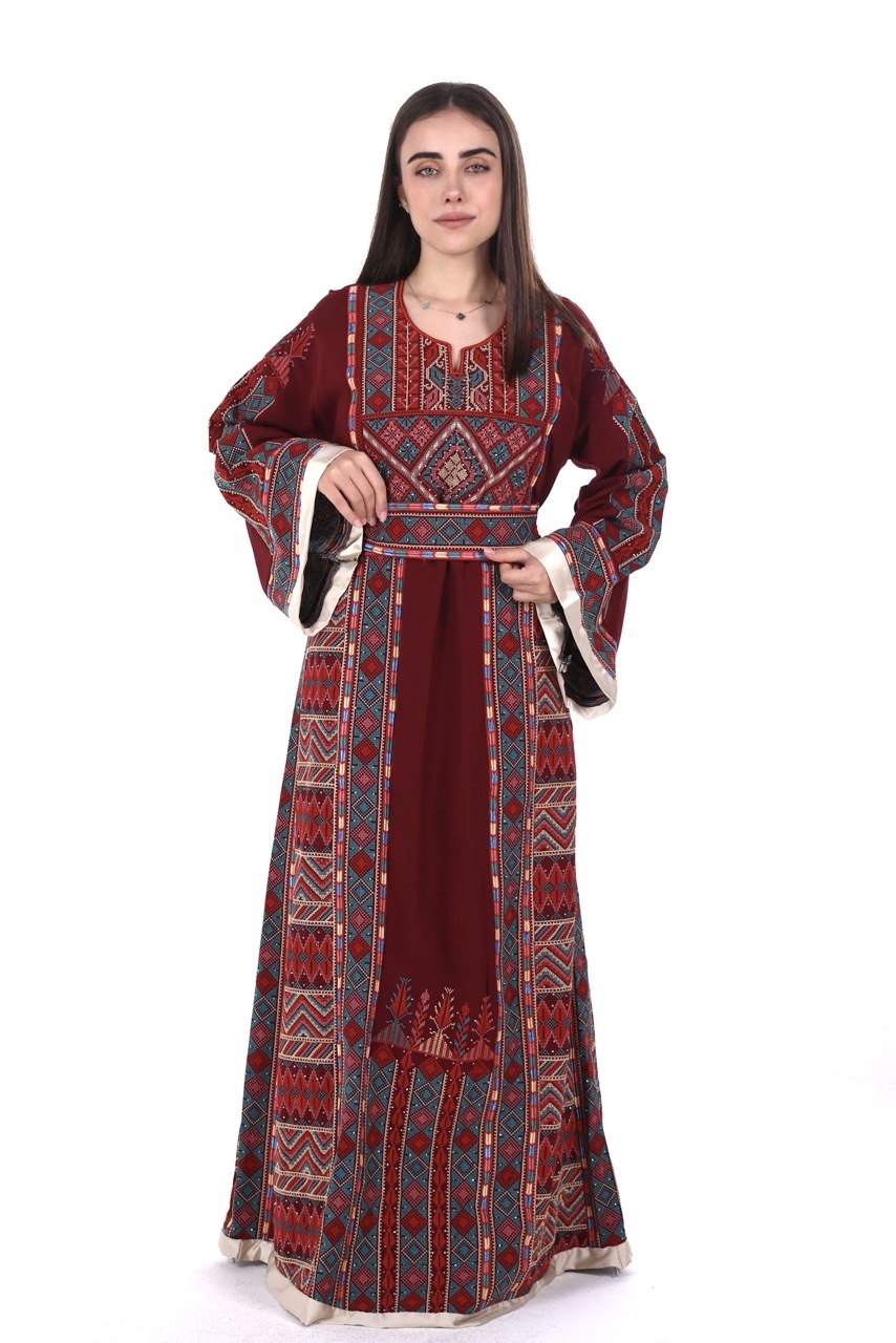Embroidered Palestinian Linen Thobe with Satin Details