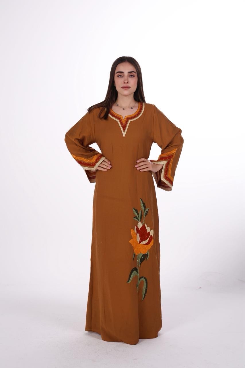 Linen Jalabiya with Artistic Floral Embroidery