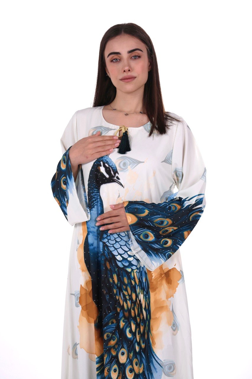 Peacock Print Chiffon Jalabiya – Soft Elegance with an Artistic Touch