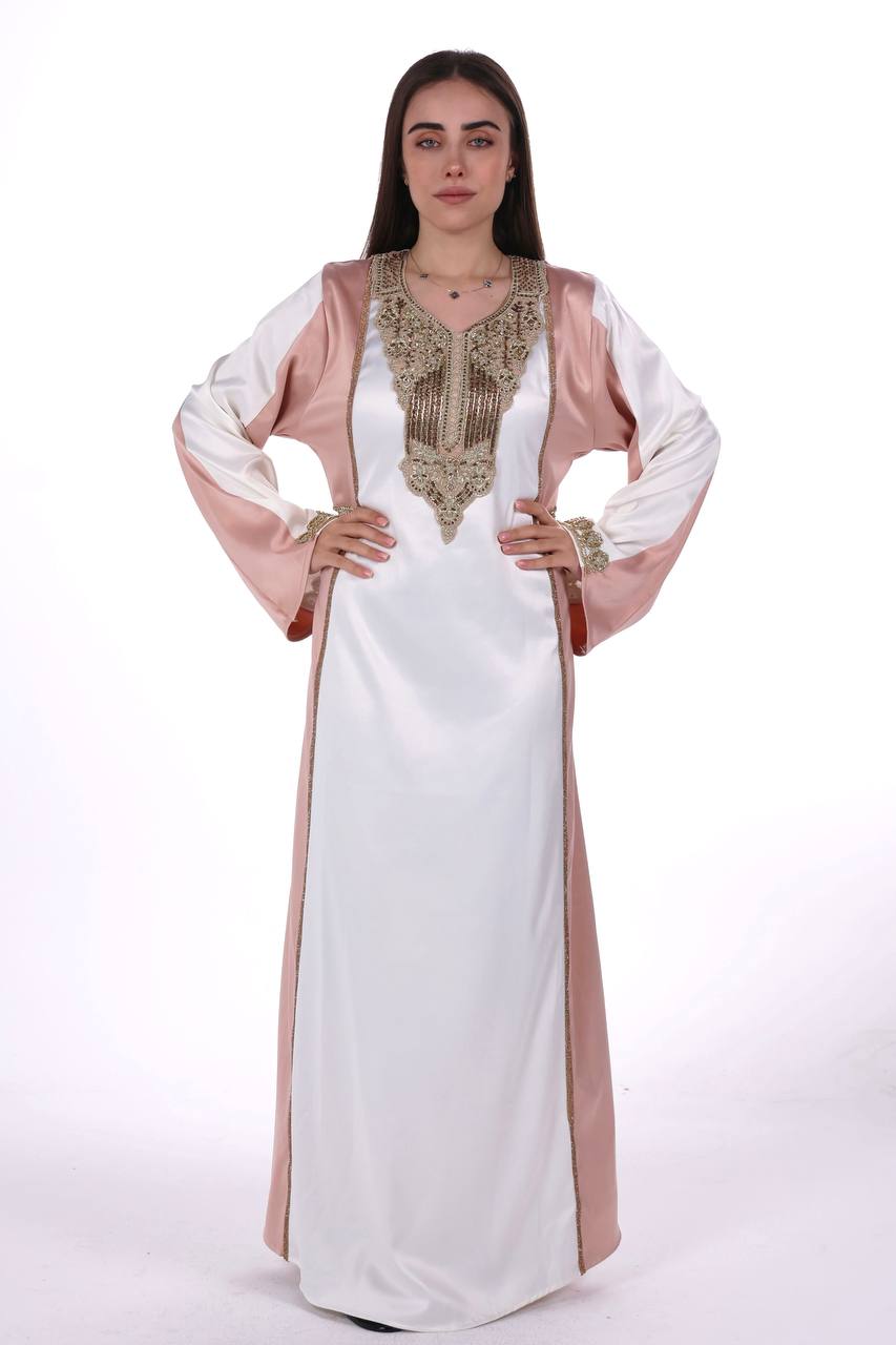 Two-Tone Satin Jalabiya with Hand-Embroidered Detailing