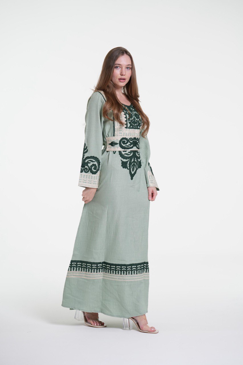 Embroidered Cotton Linen Jalabiya with Belt and Strass