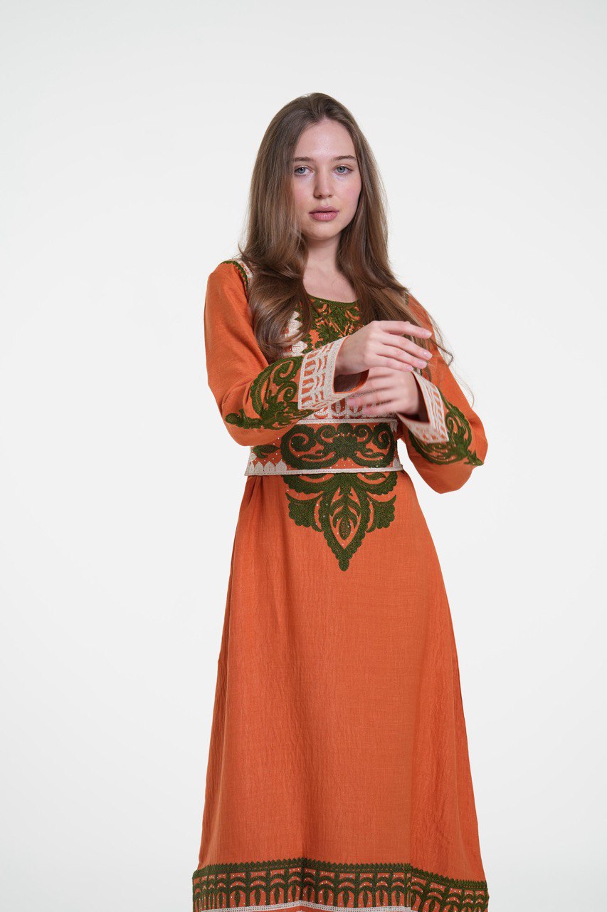 Embroidered Cotton Linen Jalabiya with Belt and Strass