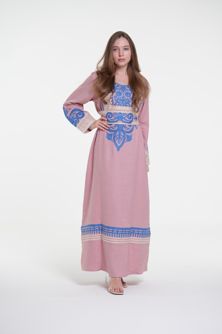 Embroidered Cotton Linen Jalabiya with Belt and Strass
