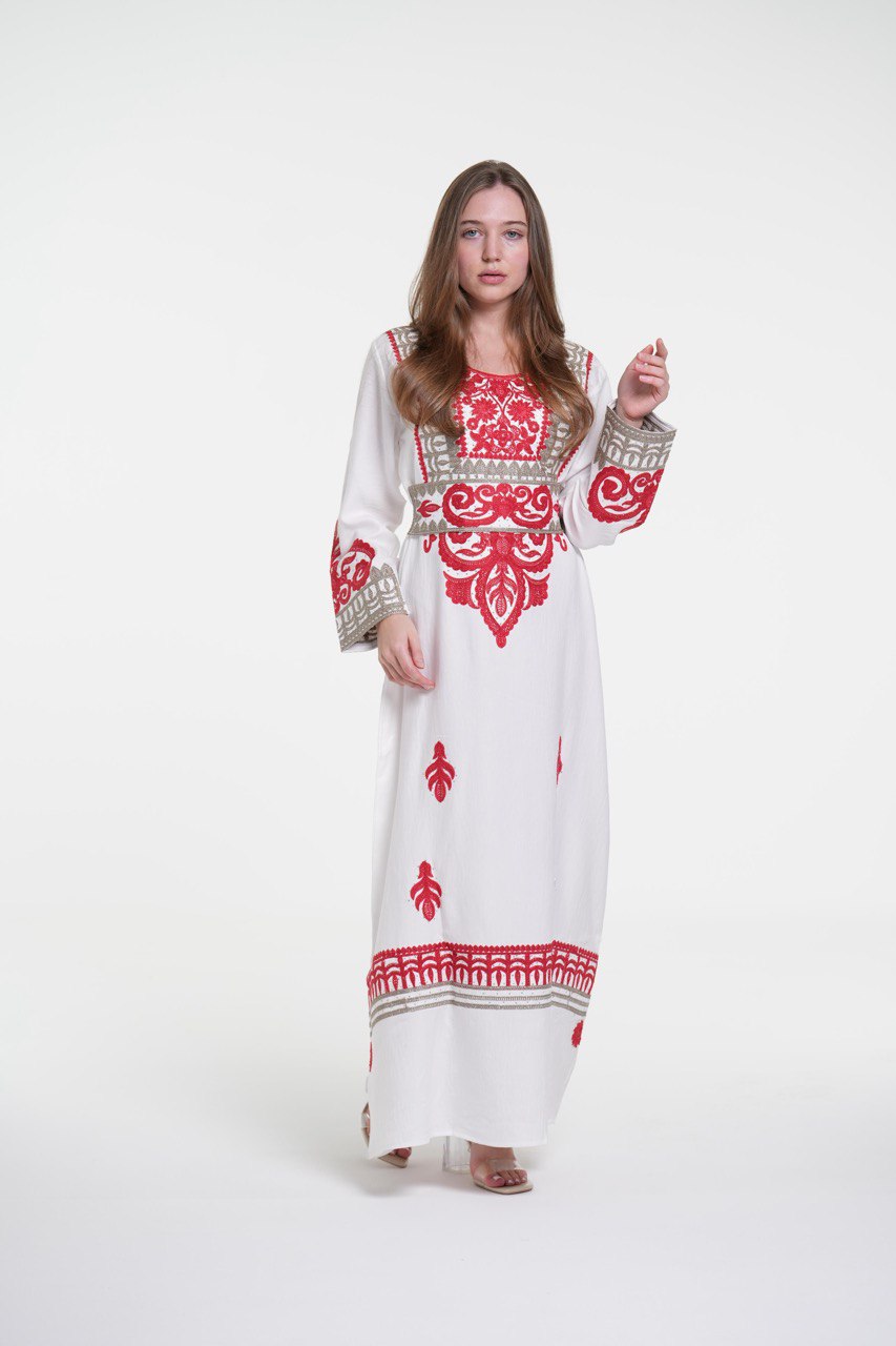 Embroidered Cotton Linen Jalabiya with Belt and Strass