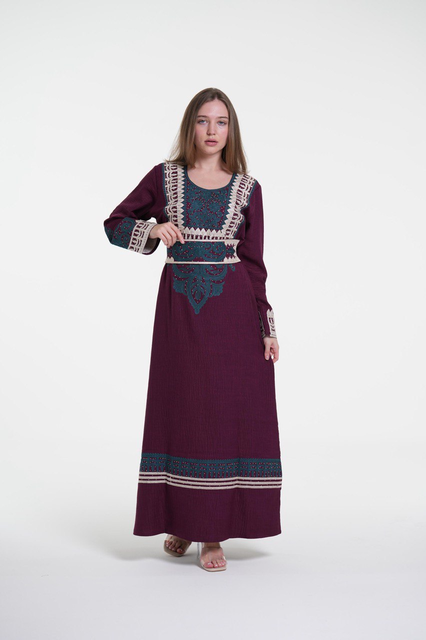 Embroidered Cotton Linen Jalabiya with Belt and Strass