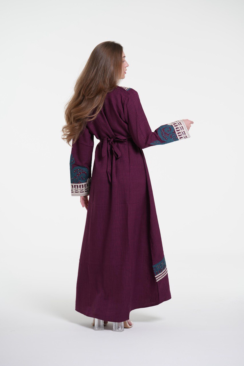 Embroidered Cotton Linen Jalabiya with Belt and Strass