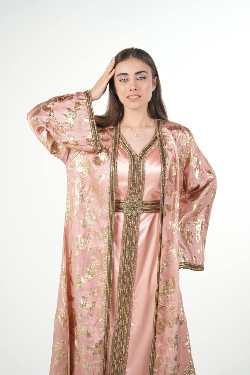 Elegant Satin Kaftan with Embellished Details and Belt