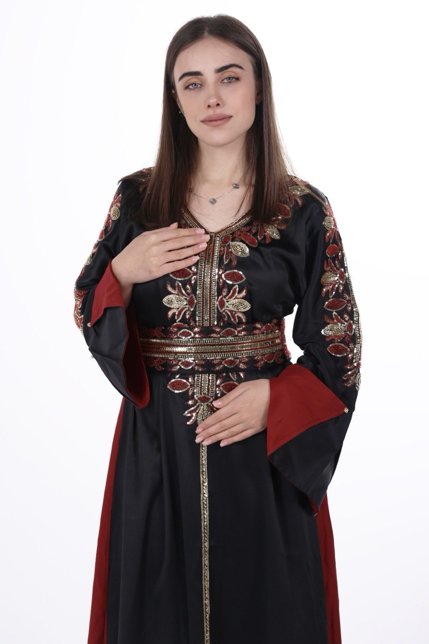 Hand-worked Satin Jalabiya with Contrast Details and Belt