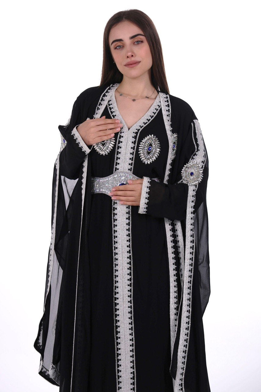 Crystal Embroidered Jalabiya with Long Sleeves and Belt