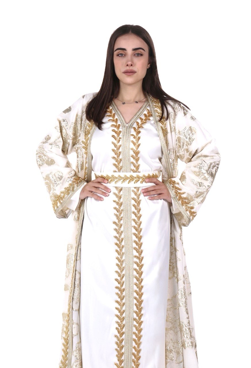 Hand-worked Brocade Satin Kaftan with Belt