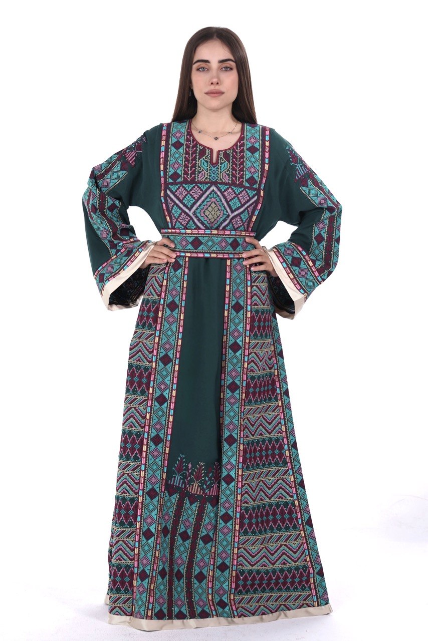 Embroidered Palestinian Linen Thobe with Satin Details